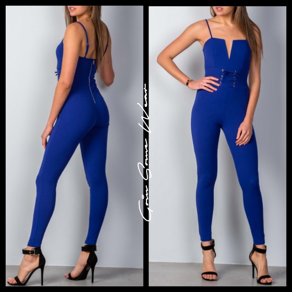 Blue V-Cut Corset Waist Party Jumpsuit Womens Size Small, & Large